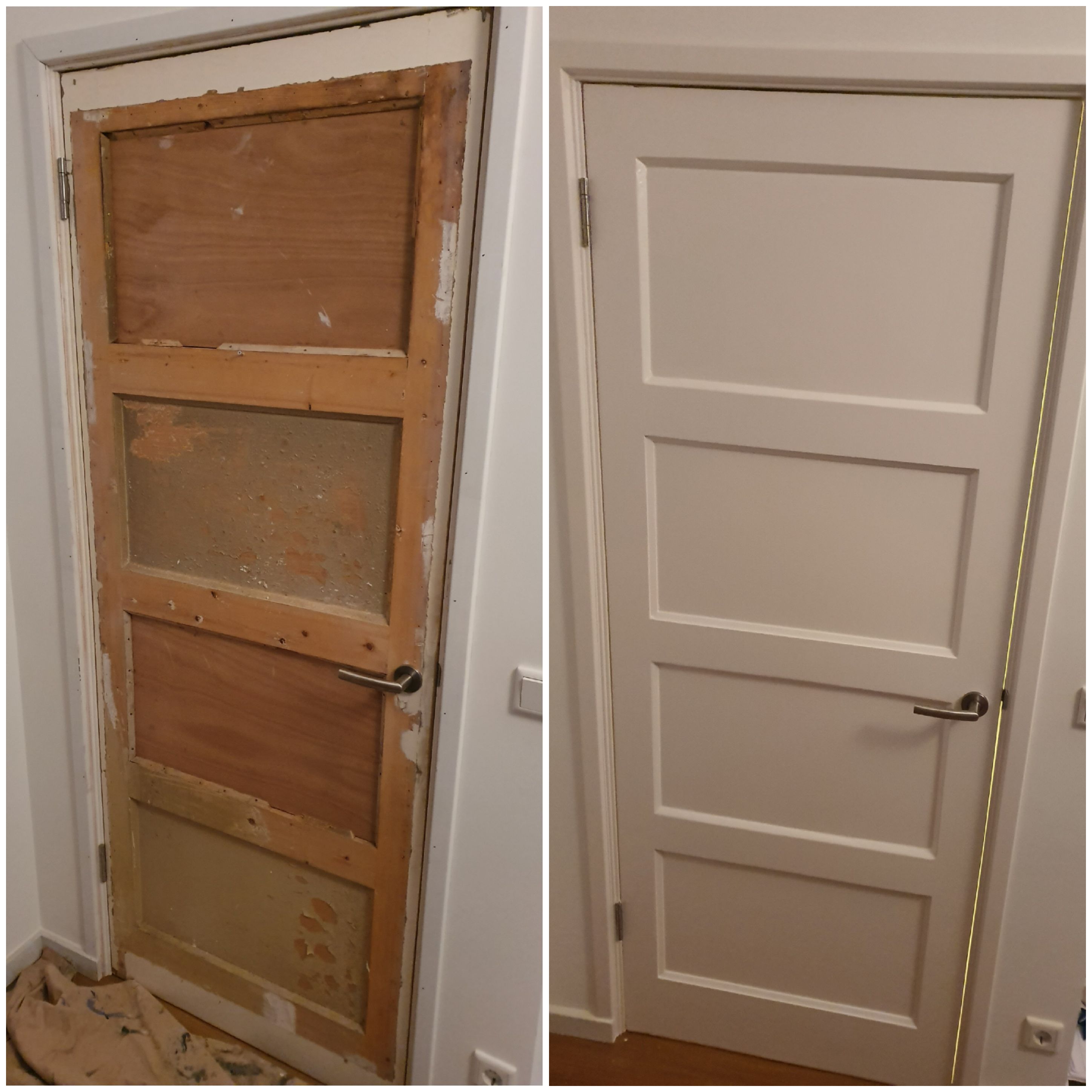 Foto van het voor en na resultaat van het herstellen van deuren in Amsterdam